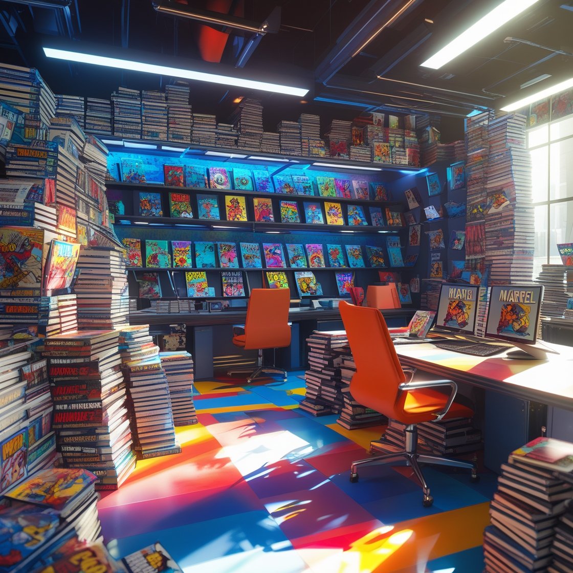 BDI Comic Deals office workspace showing comic book development and collection management